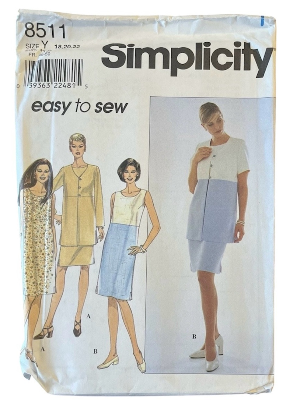 Simplicity Sewing Pattern 8511 Sz 18 20 22 Easy To Sew Dress Jacket Vintage 1998